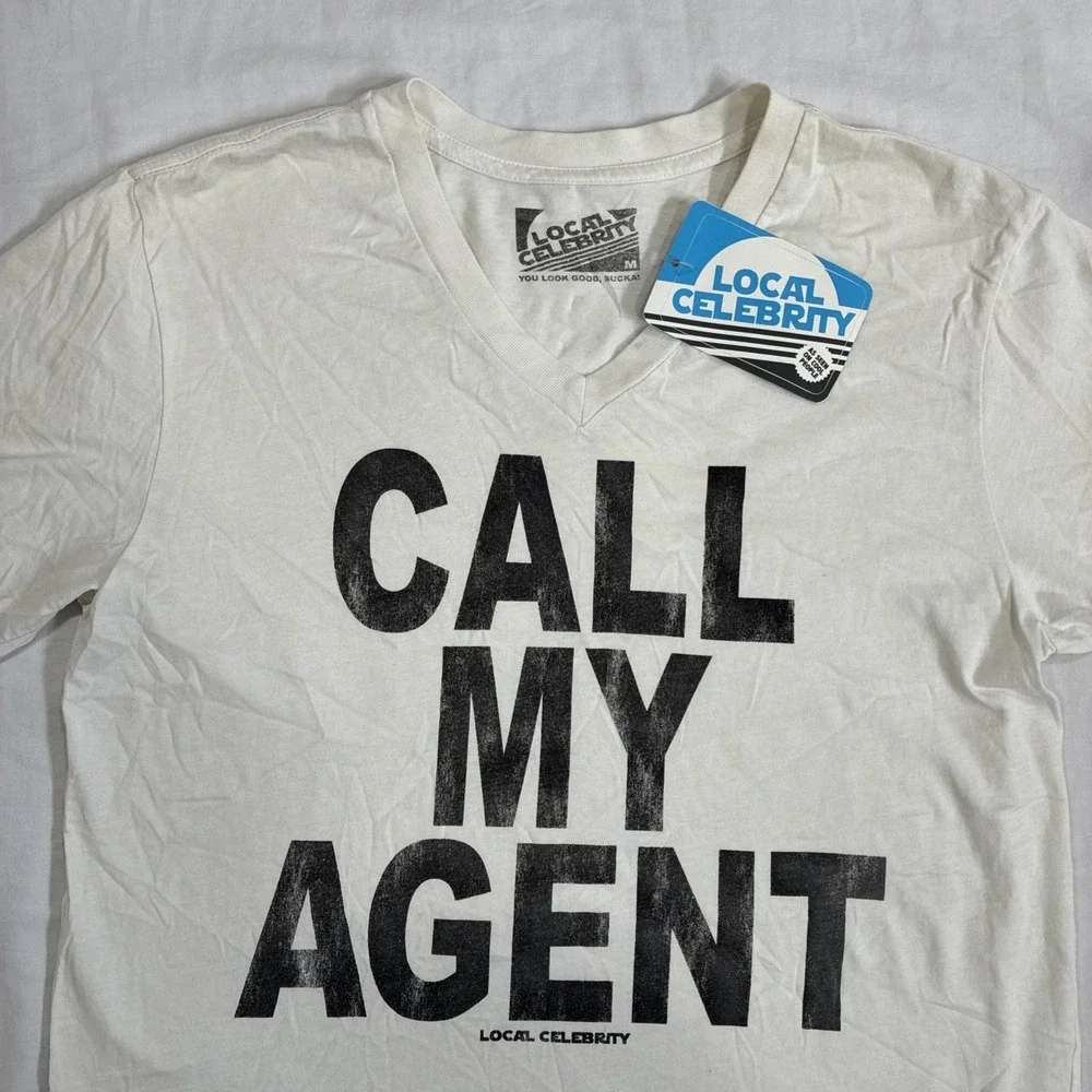 Local Celebrity 'Call My Agent' White V-Neck T-Shirt Men's Medium Retro Y2K New - Picture 2 of 11